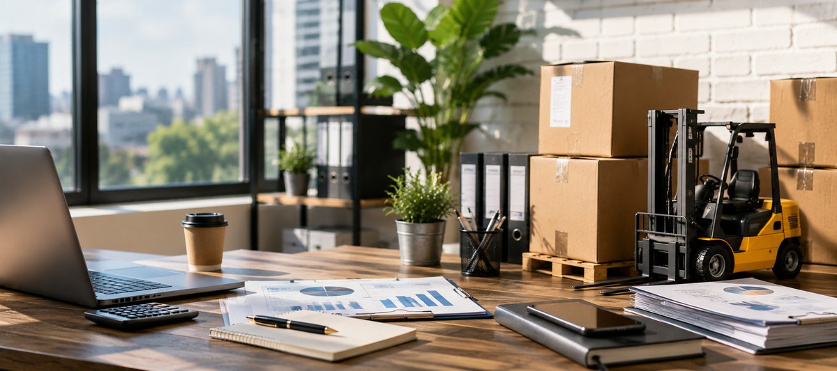 Modern office desk with paperwork and packages, representing business finance.