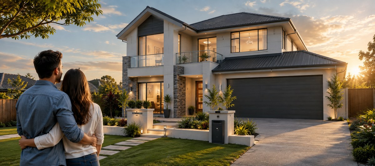 Modern two-storey house with balcony, representing home finance.
